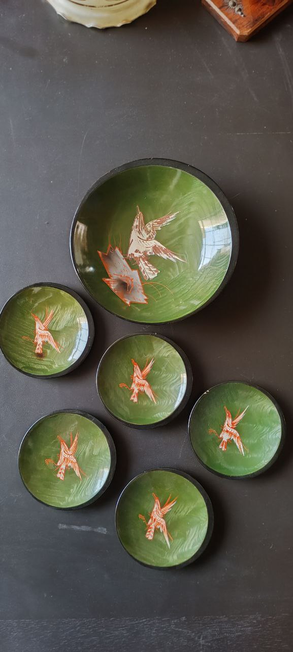 Japanese Hand-Painted Lacquered Sake Dishes - Set of 6