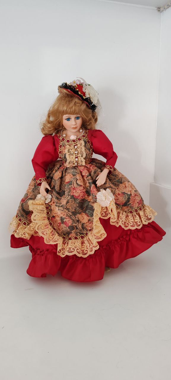 Royal-Inspired Porcelain Doll in Red Floral Dress – 43 cm