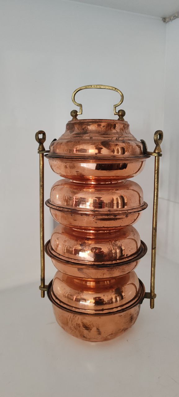 Vintage 4-Tier Copper Tiffin Carrier with Brass Handle and Lock