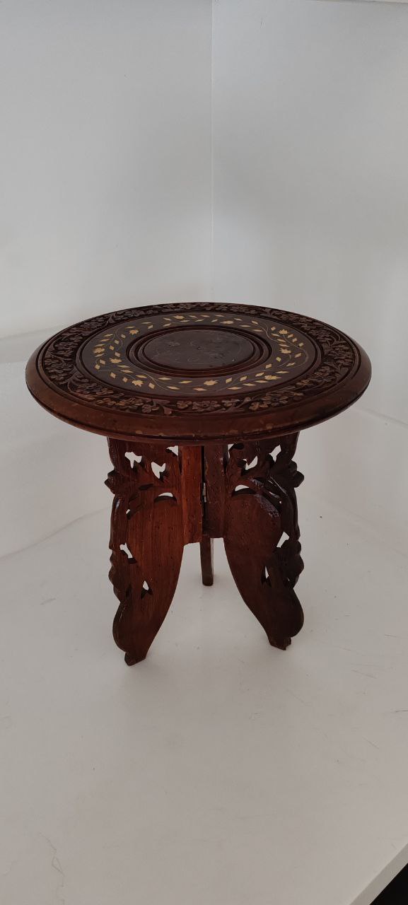 Hand-Carved Folding Wooden Table with Inlay – Indian Craftsmanship
