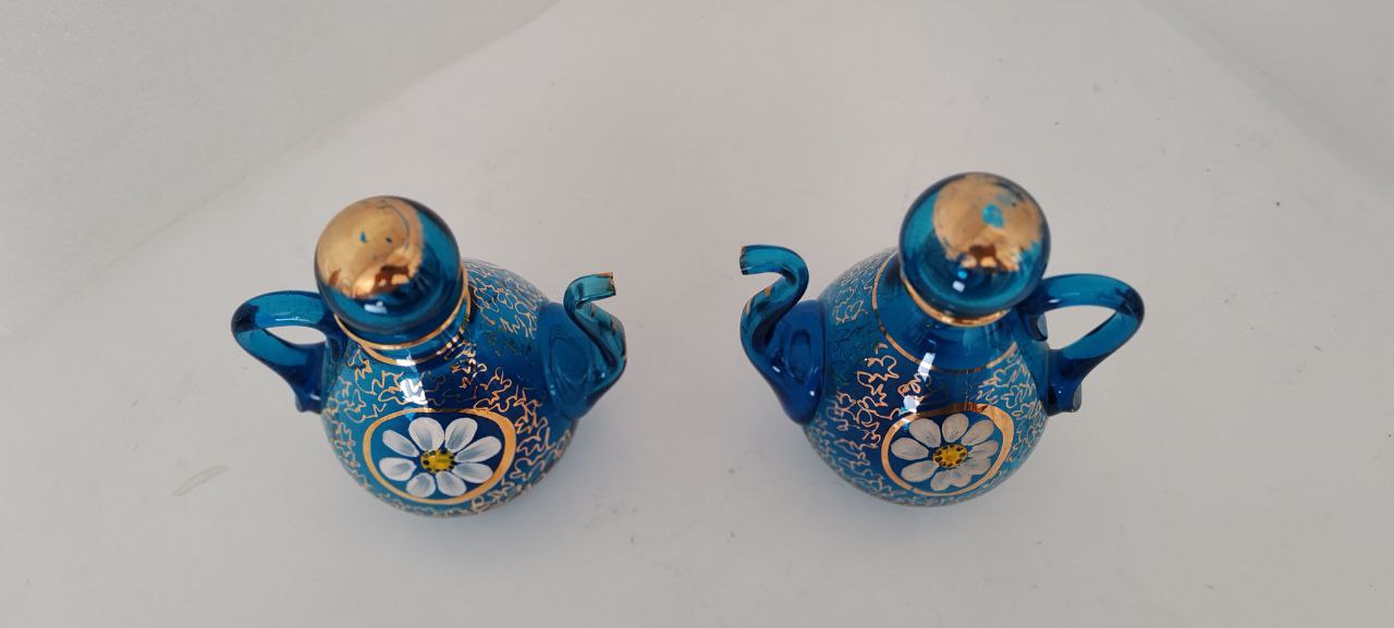 Pair of Hand-Painted Blue Murano-Style Glass Miniature Ewers