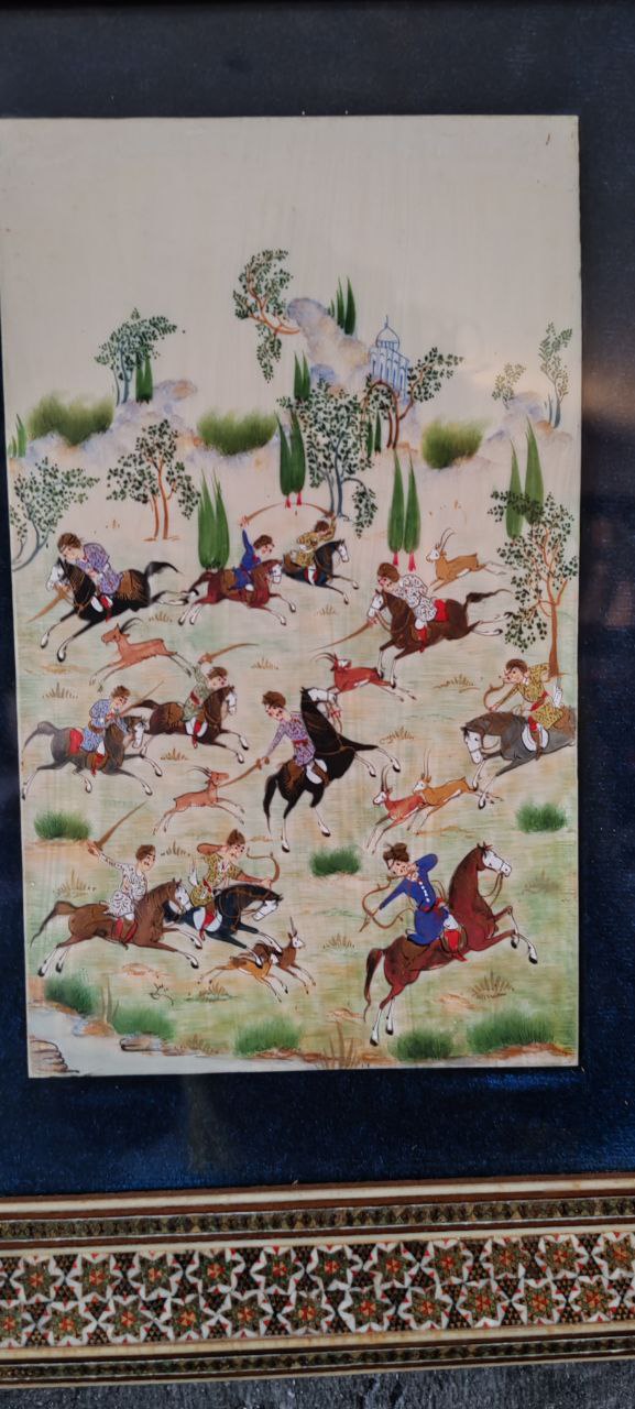 Persian Miniature Hunting Scene on Bone – Landscape Composition