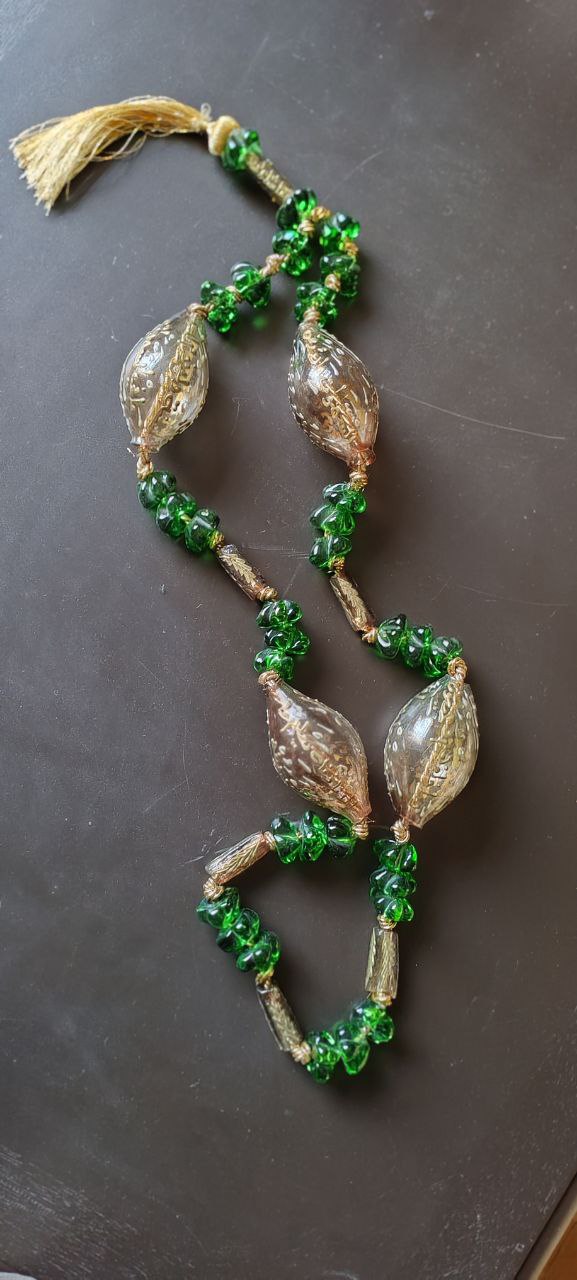 Handmade Green Glass Prayer Beads with Gold Detailing