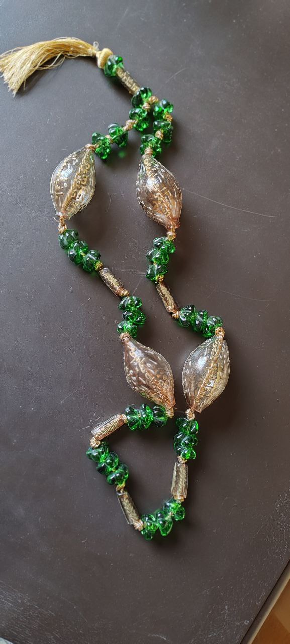 Handmade Green Glass Prayer Beads with Gold Detailing