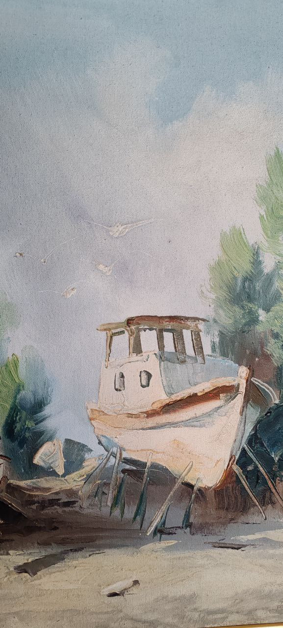Vintage Oil Painting – Beached Fishing Boats – Signed, 38x48 cm