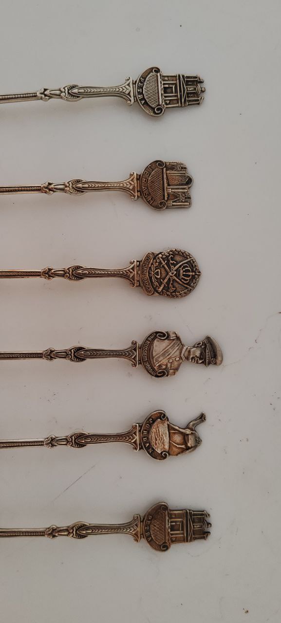 Set of 6 Vintage Jordanian Souvenir Spoons – King Hussein, Petra, Jerash & More