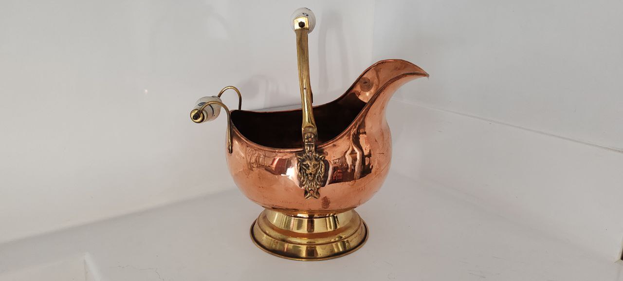 Delft Handle Dutch Copper Coal Scuttle with Brass Lion Mounts