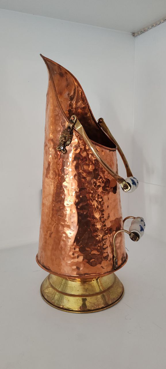 Tall Hammered Copper Coal Scuttle with Delft Porcelain Handles