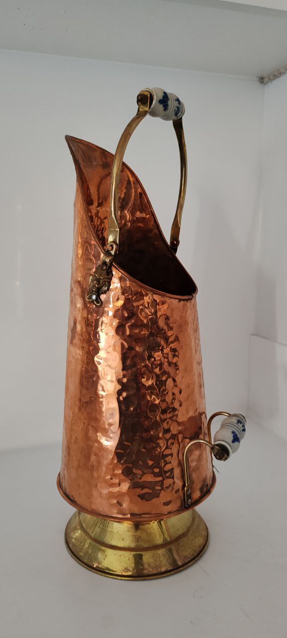 Tall Hammered Copper Coal Scuttle with Delft Porcelain Handles