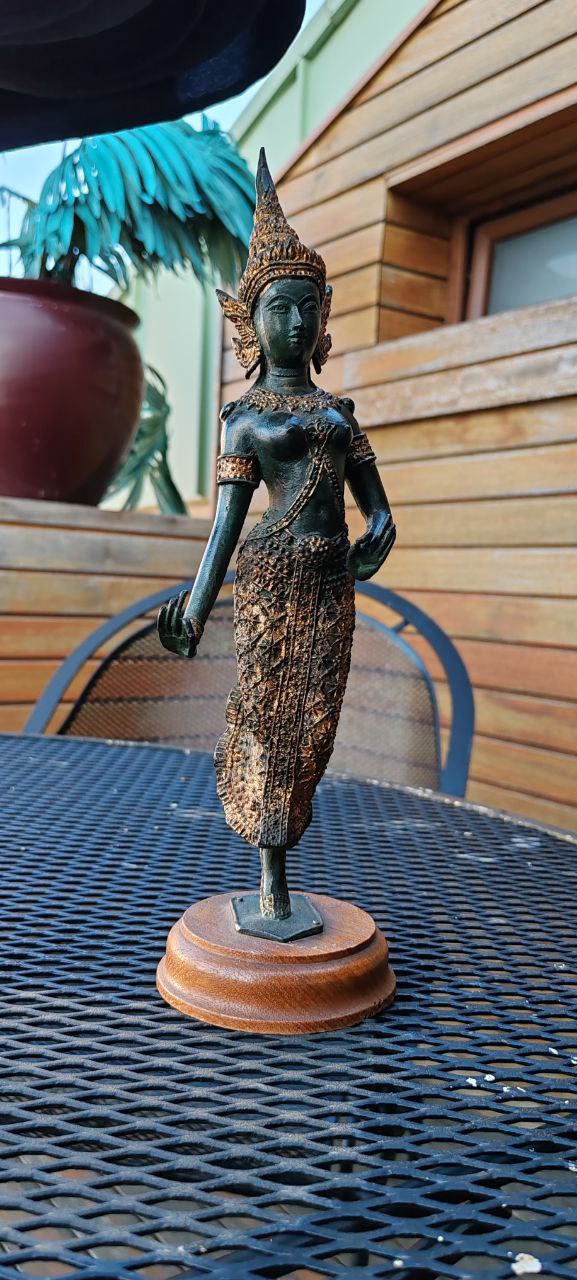 Vintage Thai Temple Guardian Figurine in Gilt Bronze on Wooden Base – 35x11 cm