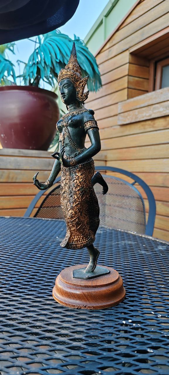 Vintage Thai Temple Guardian Figurine in Gilt Bronze on Wooden Base – 35x11 cm