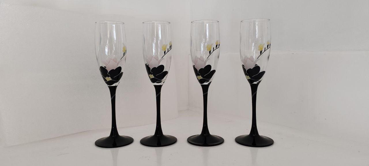 Set of 4 Hand-Painted French Champagne Flutes – 22x7 cm – Black Stem – Floral Art Nouveau Design