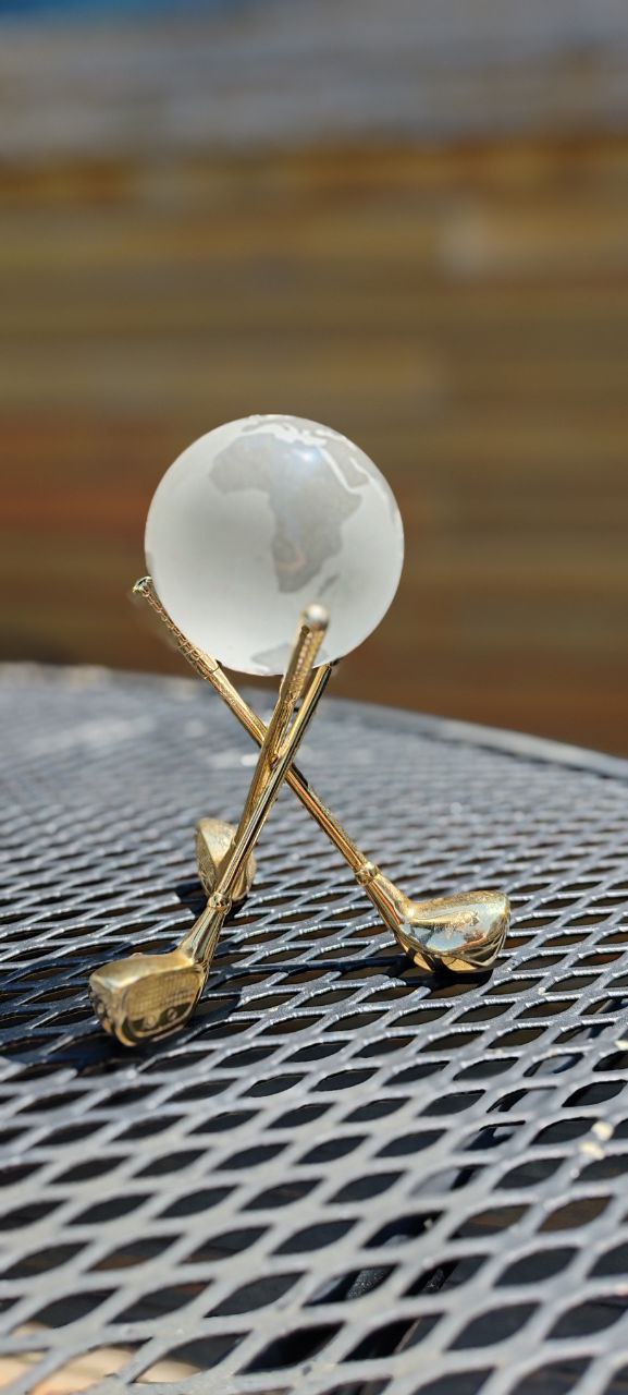 Crystal Globe on Brass Golf Club Stand – Vintage Desk Ornament
