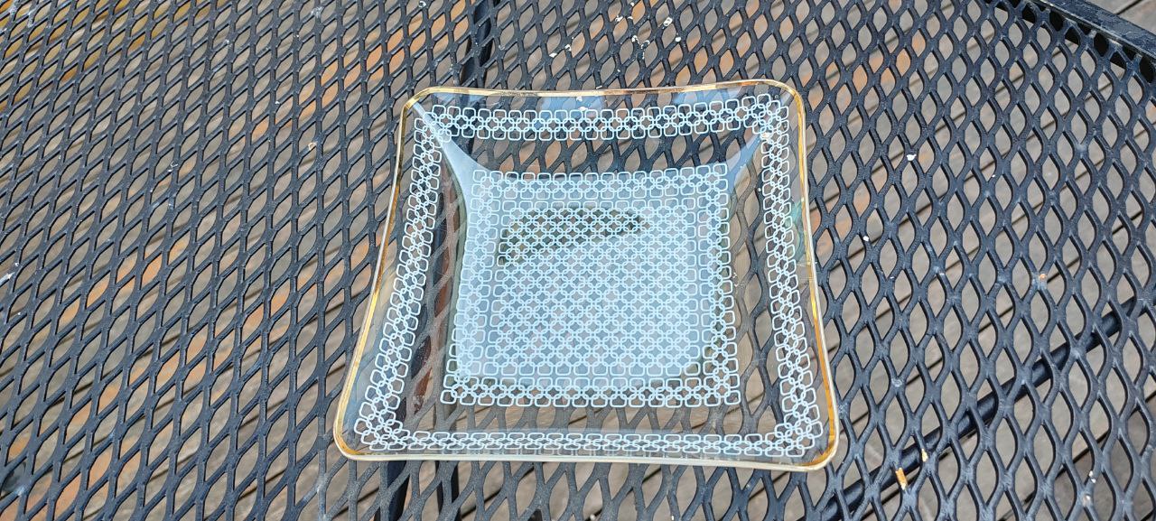 Vintage German Square Glass Plate – 19x19 cm – Intricate White Lattice Design – Excellent Condition