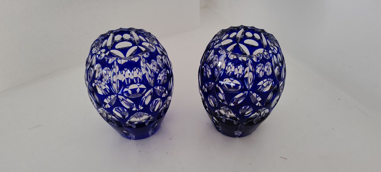 Pair of Deep Blue Cut Crystal Vases – Hand-Cut Bohemian Style
