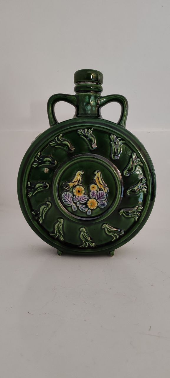 DÖSİM Special Prize Ceramic Waterbottle – Handcrafted Green Flask with Bird and Floral Reliefs