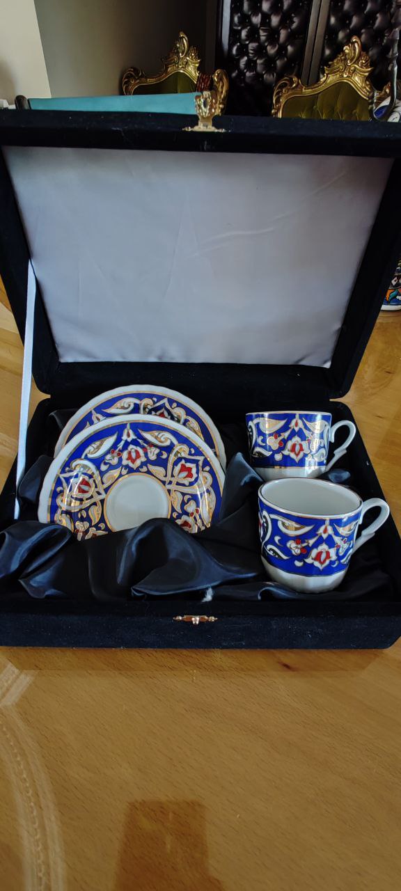 Güral Porselen Hand-Painted Coffee Cup Set in Velvet Box