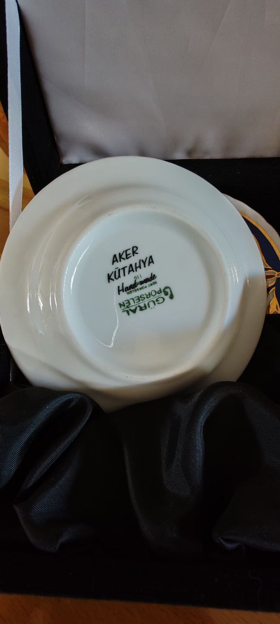 Güral Porselen Hand-Painted Coffee Cup Set in Velvet Box