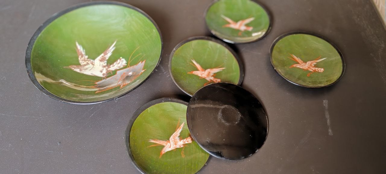 Japanese Hand-Painted Lacquered Sake Dishes - Set of 6