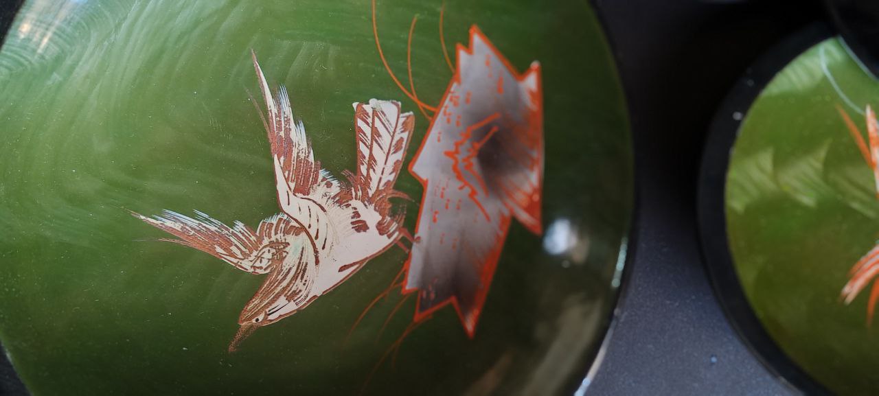 Japanese Hand-Painted Lacquered Sake Dishes - Set of 6