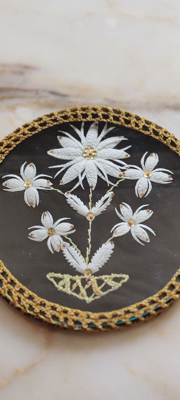 Handmade Embroidered Floral Textile Panel with Leather Base – 19 cm