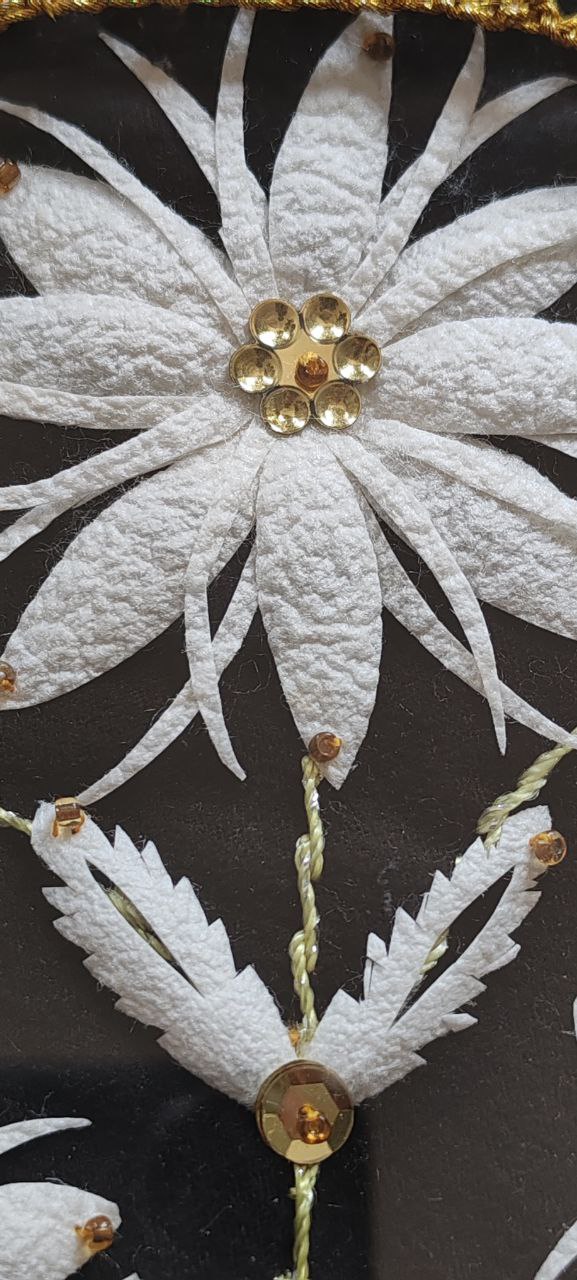 Handmade Embroidered Floral Textile Panel with Leather Base – 19 cm