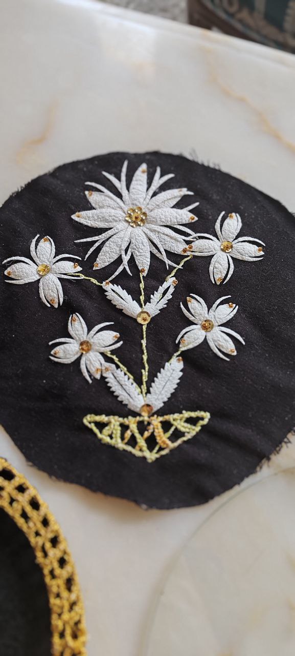 Handmade Embroidered Floral Textile Panel with Leather Base – 19 cm