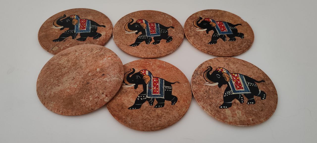 Set of 6 Hand-Painted Soapstone Coasters – Elephant & Goat Motifs – 9 cm