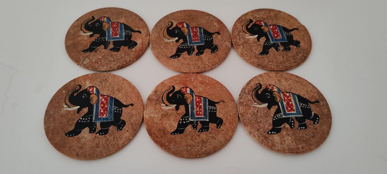 Set of 6 Hand-Painted Soapstone Coasters – Elephant & Goat Motifs – 9 cm