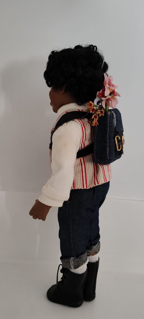 Porcelain Boy Doll with Backpack & Denim Outfit – 44 cm