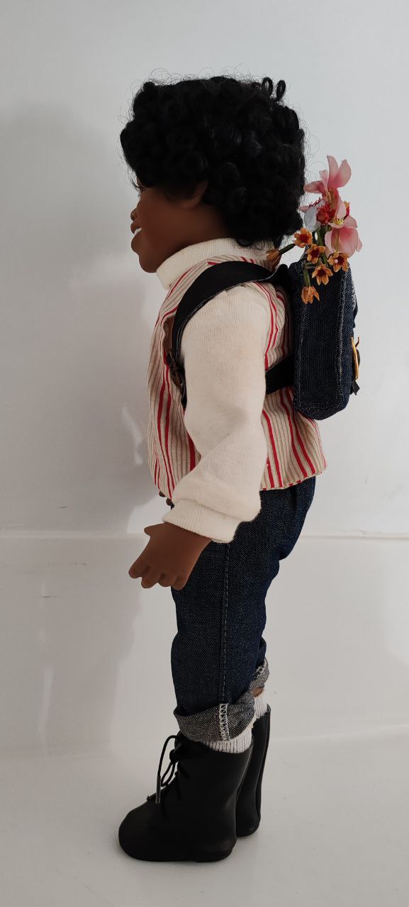 Porcelain Boy Doll with Backpack & Denim Outfit – 44 cm