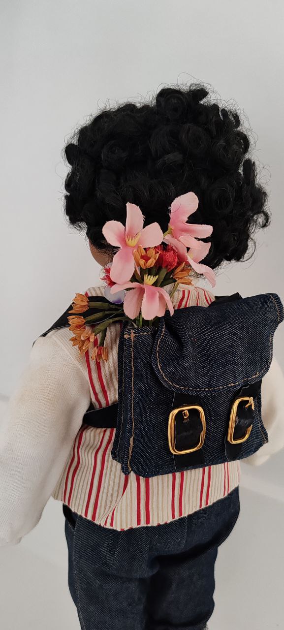 Porcelain Boy Doll with Backpack & Denim Outfit – 44 cm