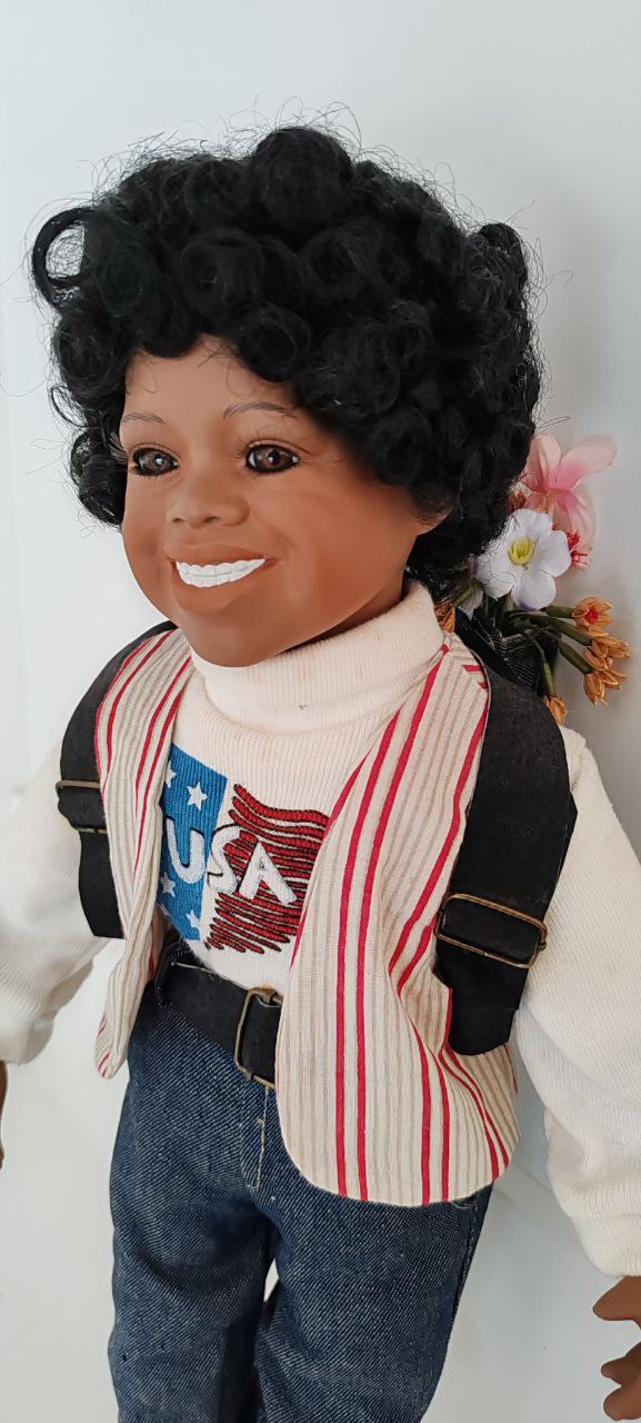 Porcelain Boy Doll with Backpack & Denim Outfit – 44 cm