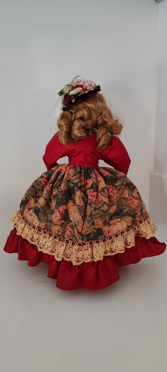 Royal-Inspired Porcelain Doll in Red Floral Dress – 43 cm