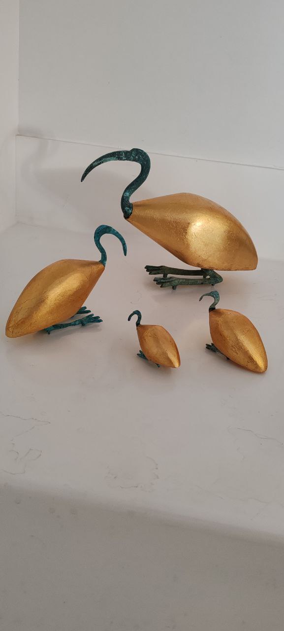Handcrafted Gilded Wood Ibis Bird Sculptures – Set of 4