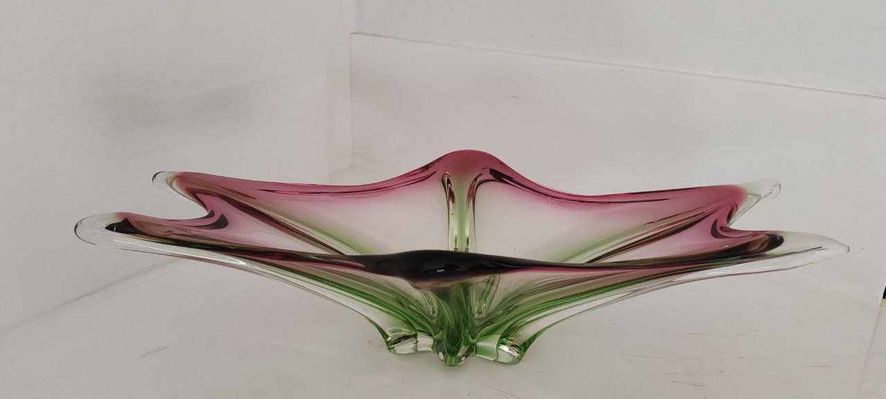 Vintage Murano Art Glass Centerpiece – Pink & Green – Starburst Design – Hand-Blown