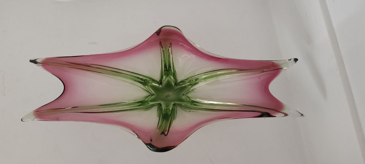Vintage Murano Art Glass Centerpiece – Pink & Green – Starburst Design – Hand-Blown
