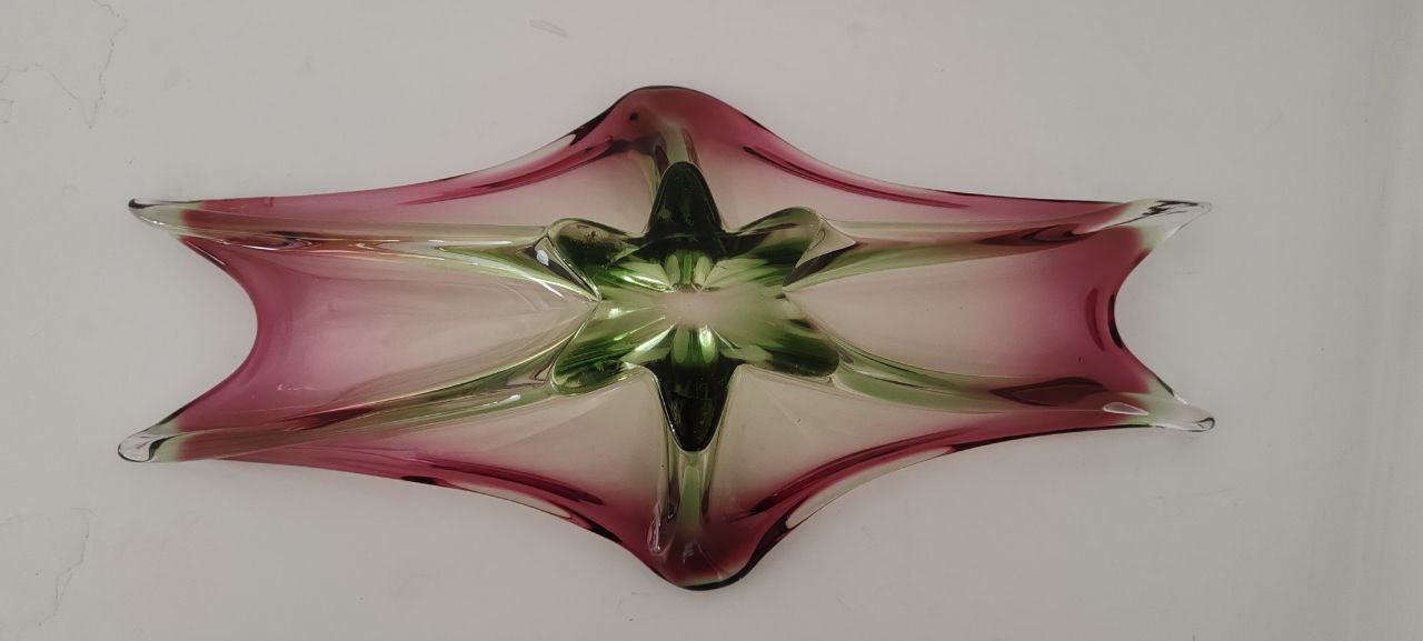 Vintage Murano Art Glass Centerpiece – Pink & Green – Starburst Design – Hand-Blown