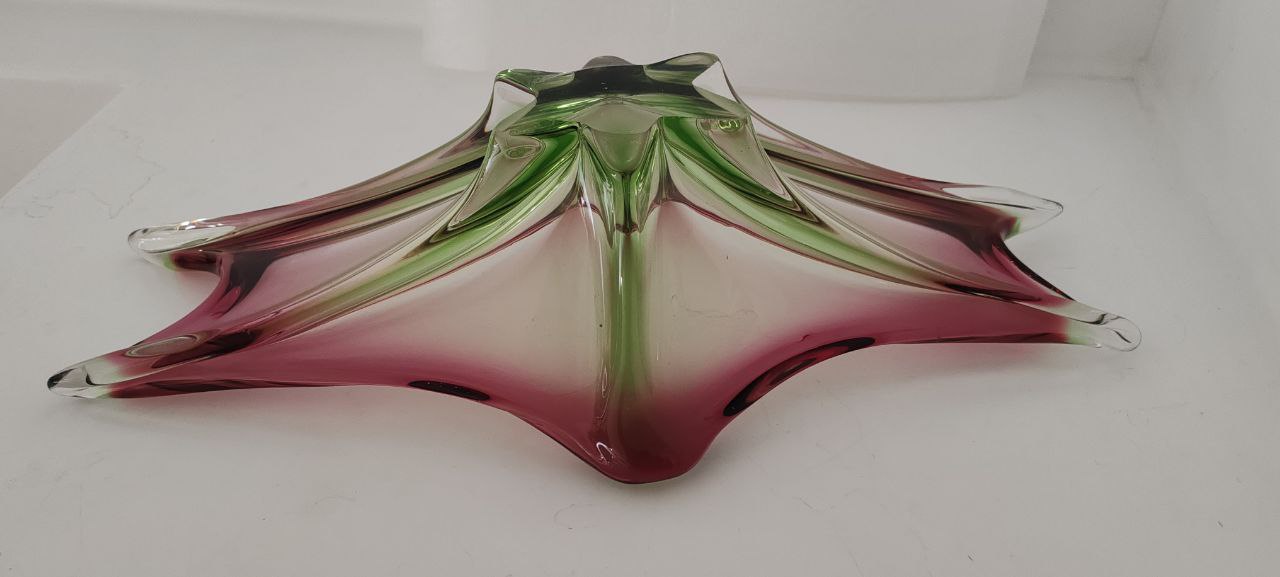 Vintage Murano Art Glass Centerpiece – Pink & Green – Starburst Design – Hand-Blown