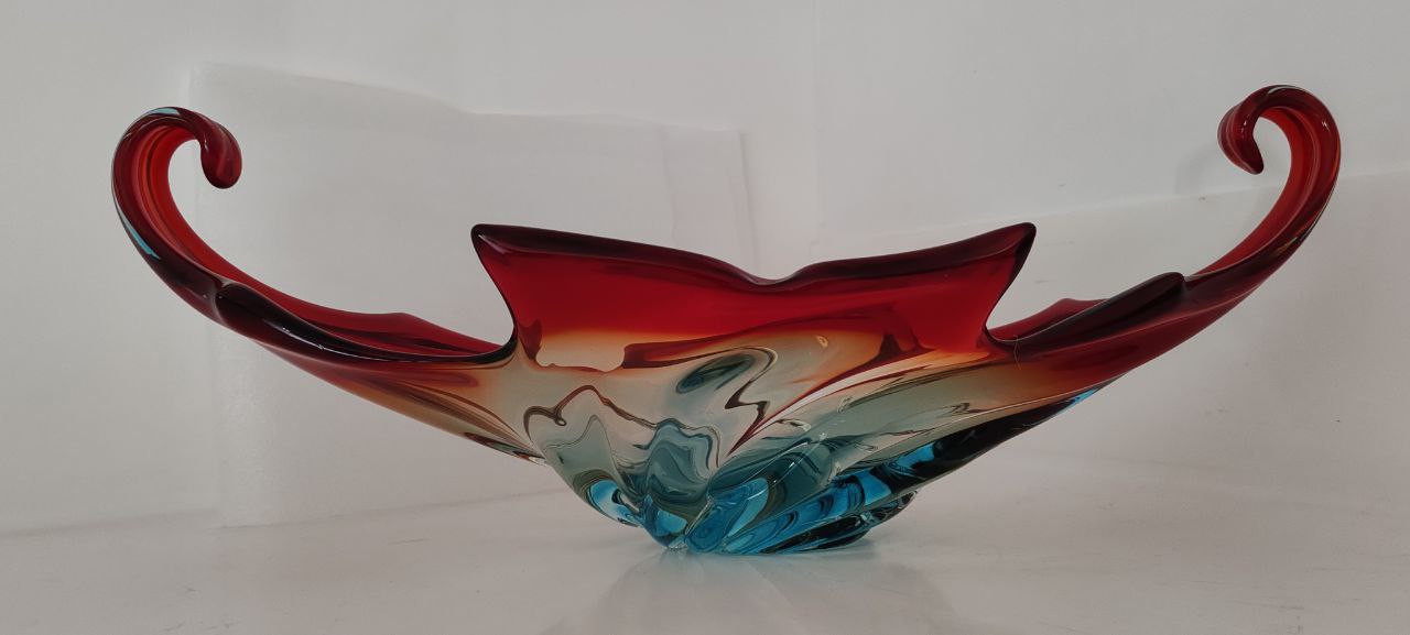 Murano Style Hand-Blown Swirl Bowl – Red, Amber & Blue Glass Sculpture – Large Decorative Centerpiece