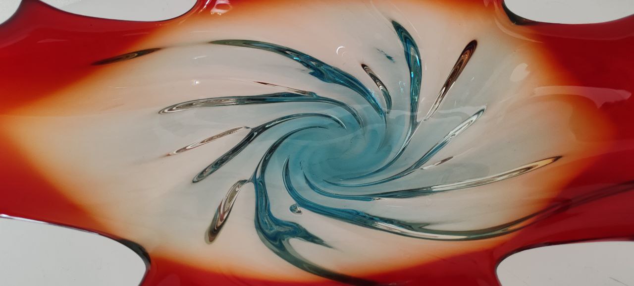 Murano Style Hand-Blown Swirl Bowl – Red, Amber & Blue Glass Sculpture – Large Decorative Centerpiece