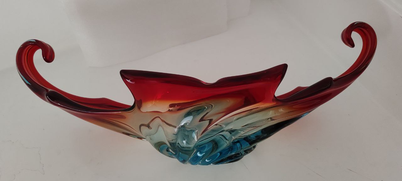 Murano Style Hand-Blown Swirl Bowl – Red, Amber & Blue Glass Sculpture – Large Decorative Centerpiece