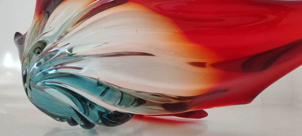 Murano Style Hand-Blown Swirl Bowl – Red, Amber & Blue Glass Sculpture – Large Decorative Centerpiece
