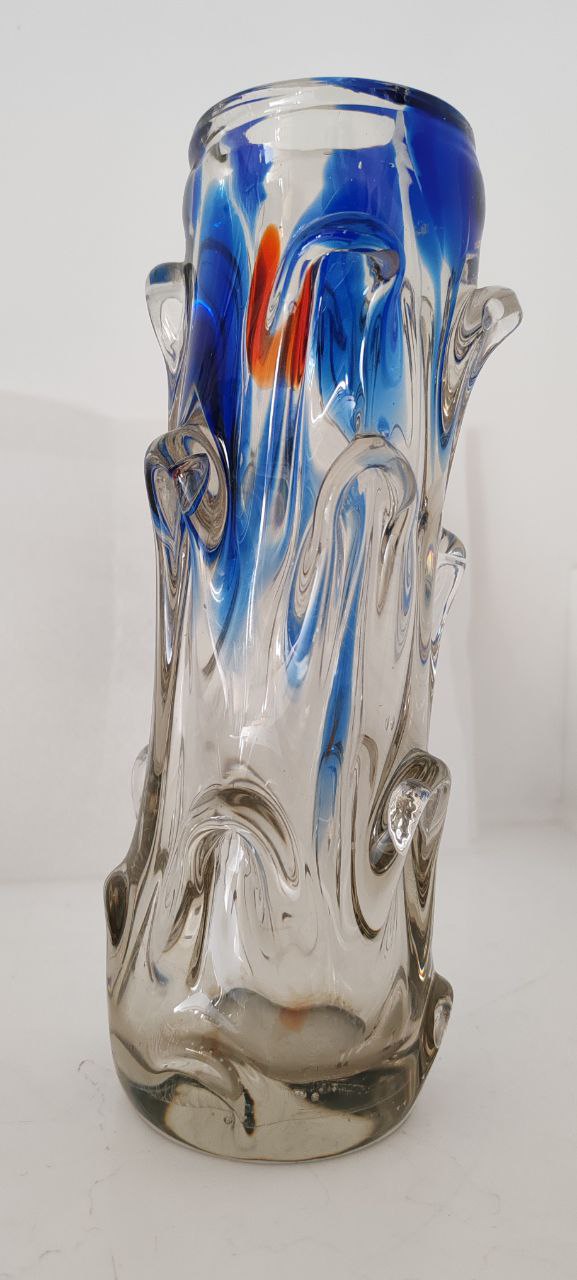 Vintage Murano Art Glass Vase – Blue & Orange Lava Design with Clear Textured Base – Tree Trunk Style