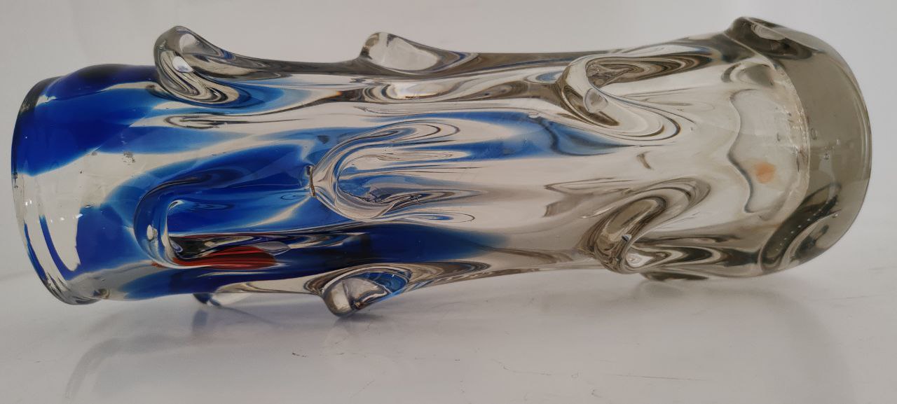 Vintage Murano Art Glass Vase – Blue & Orange Lava Design with Clear Textured Base – Tree Trunk Style