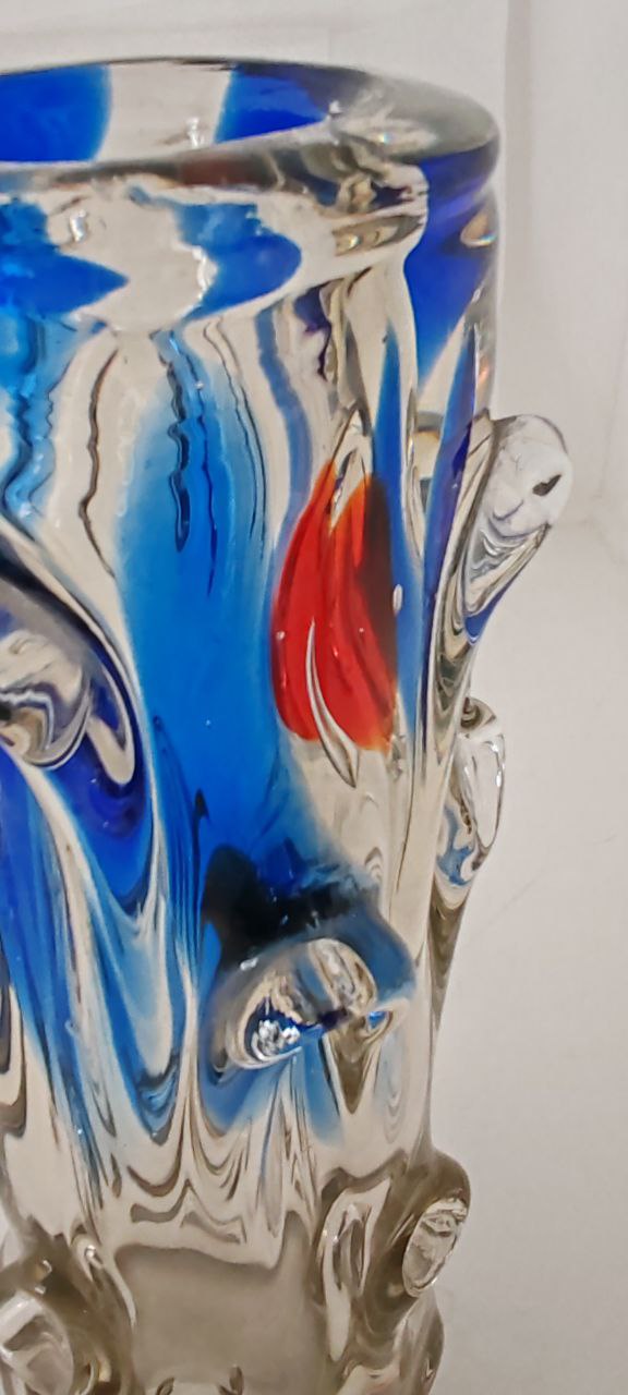 Vintage Murano Art Glass Vase – Blue & Orange Lava Design with Clear Textured Base – Tree Trunk Style