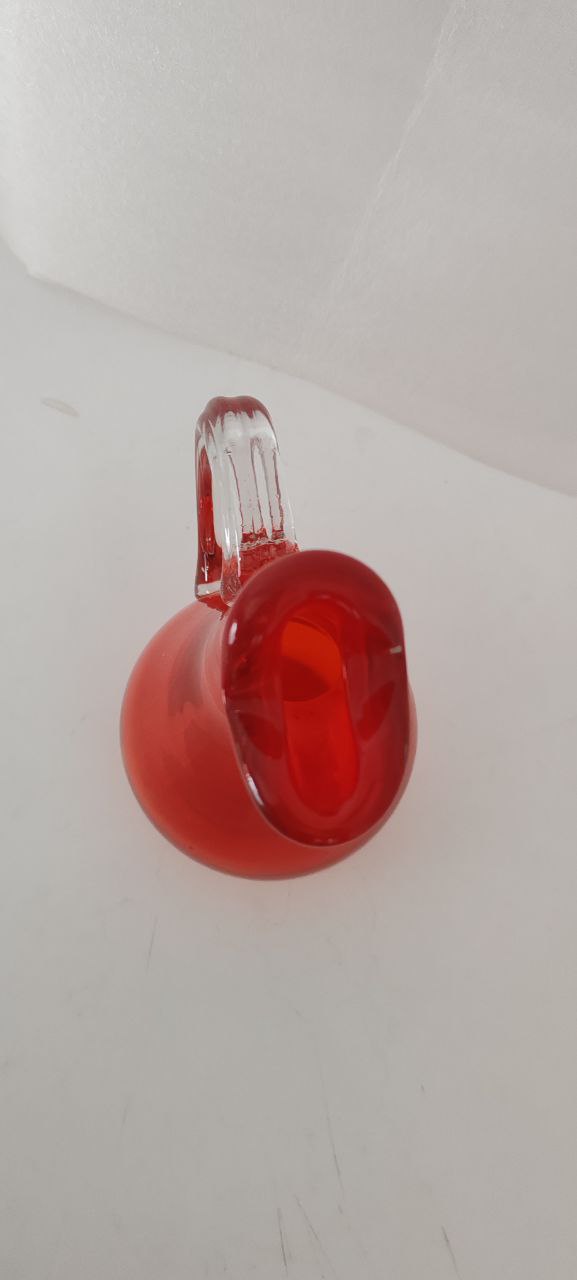 Murano Style Red Art Glass Pitcher with Clear Handle