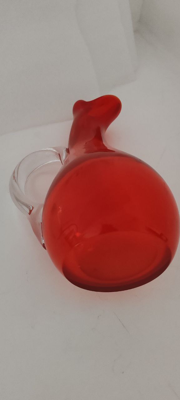 Murano Style Red Art Glass Pitcher with Clear Handle