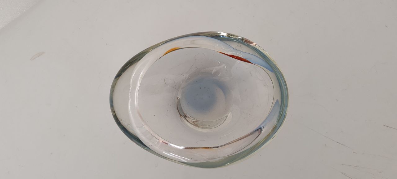 Vintage Murano Freeform Clear Art Glass Bowl with Subtle Amber & Blue Accents – 1960s