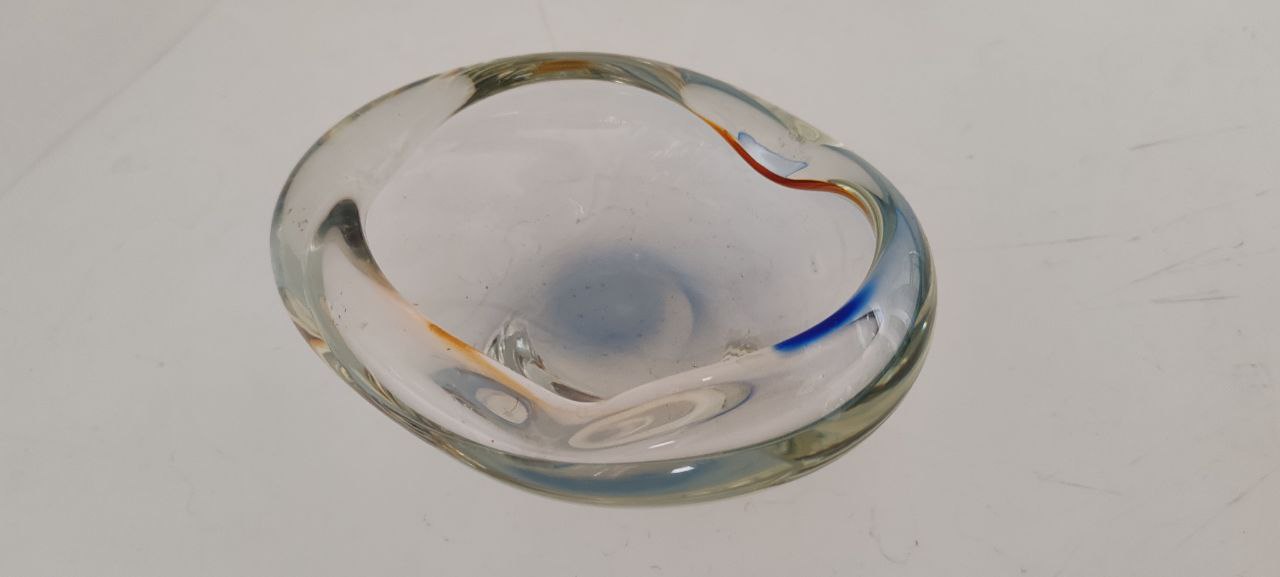 Vintage Murano Freeform Clear Art Glass Bowl with Subtle Amber & Blue Accents – 1960s